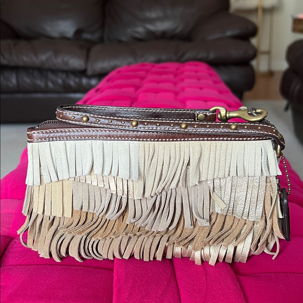Coach Fringe Wristlet in Brown, Beige & Gold - Picture 3 of 13